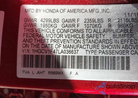 2020 Honda Accord Ex из США, поврежденный, VIN 1HGCV1F47LA036637